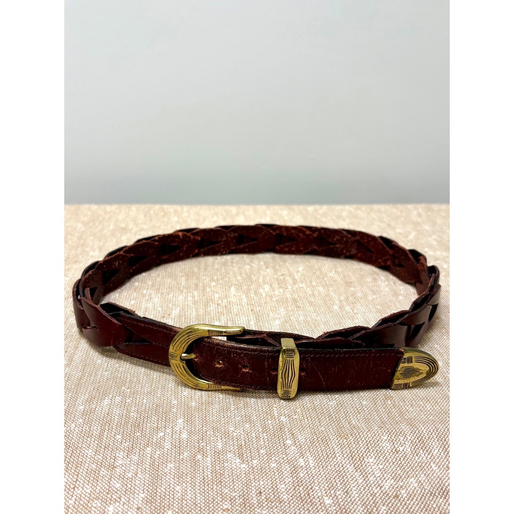 Vintage Braided Brown Leather Belt Handcrafted Mexico Brass Hardware 33in - Picture 2 of 11